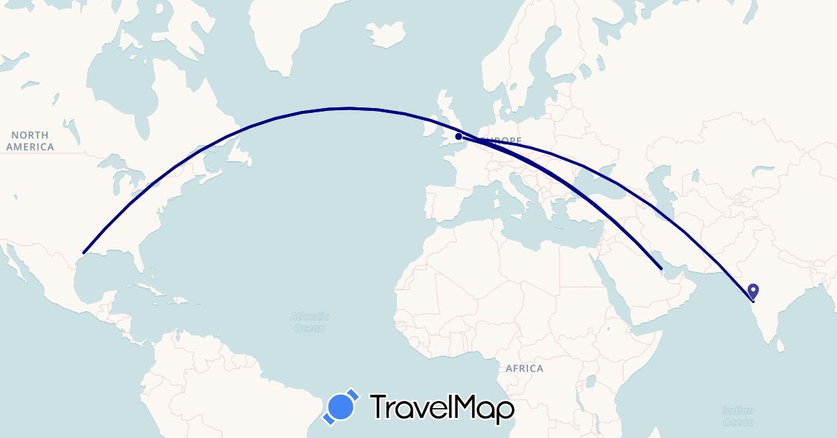 TravelMap itinerary: driving in Belgium, Bahrain, United Kingdom, India, United States (Asia, Europe, North America)